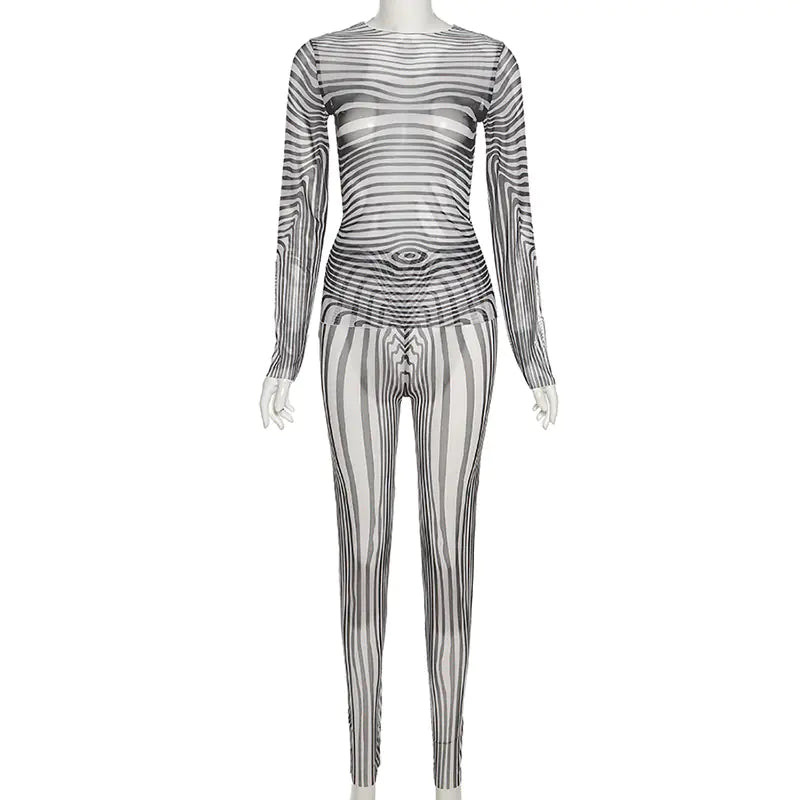 Striped Mesh Pant Set with Long Sleeve Top (One Piece)